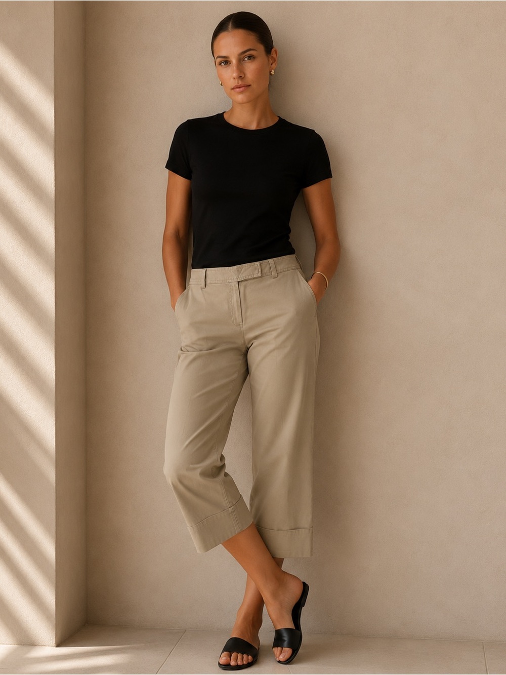 Ann Taylor Khaki Wide Leg Capri Pants Women’s Size 8 Cotton Stretch